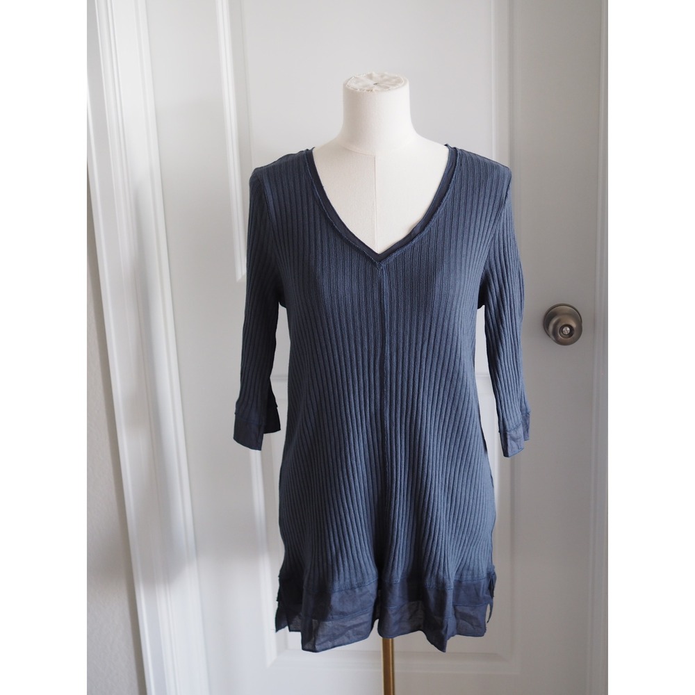 Soft Surroundings Navy Ribbed V-Neck Cotton Tunic Top Lagenlook Sz M